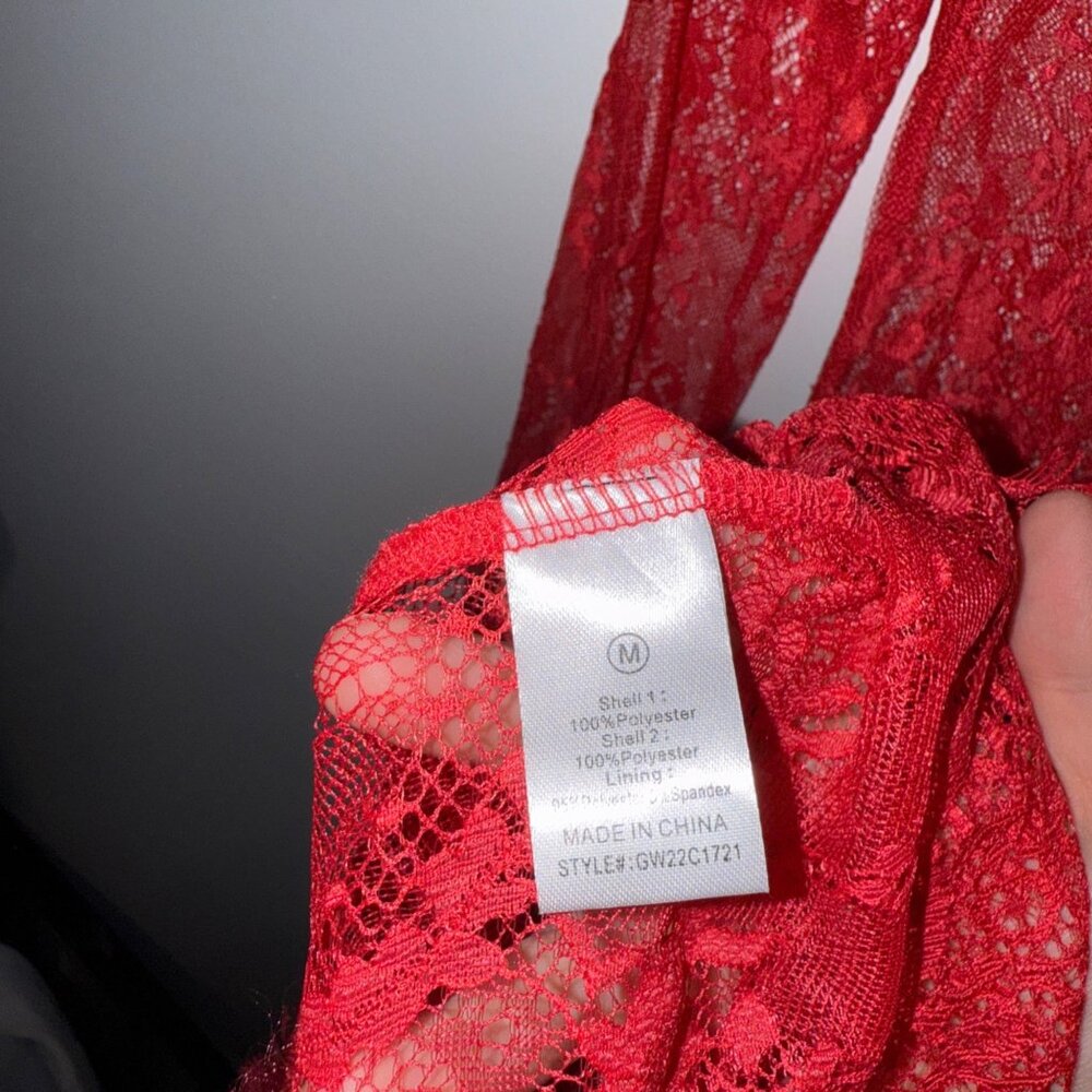 Sheer Red Lace Long-Sleeve Maxi Dress Deep V-Back By Fashion Nova Size M - Picture 6 of 7